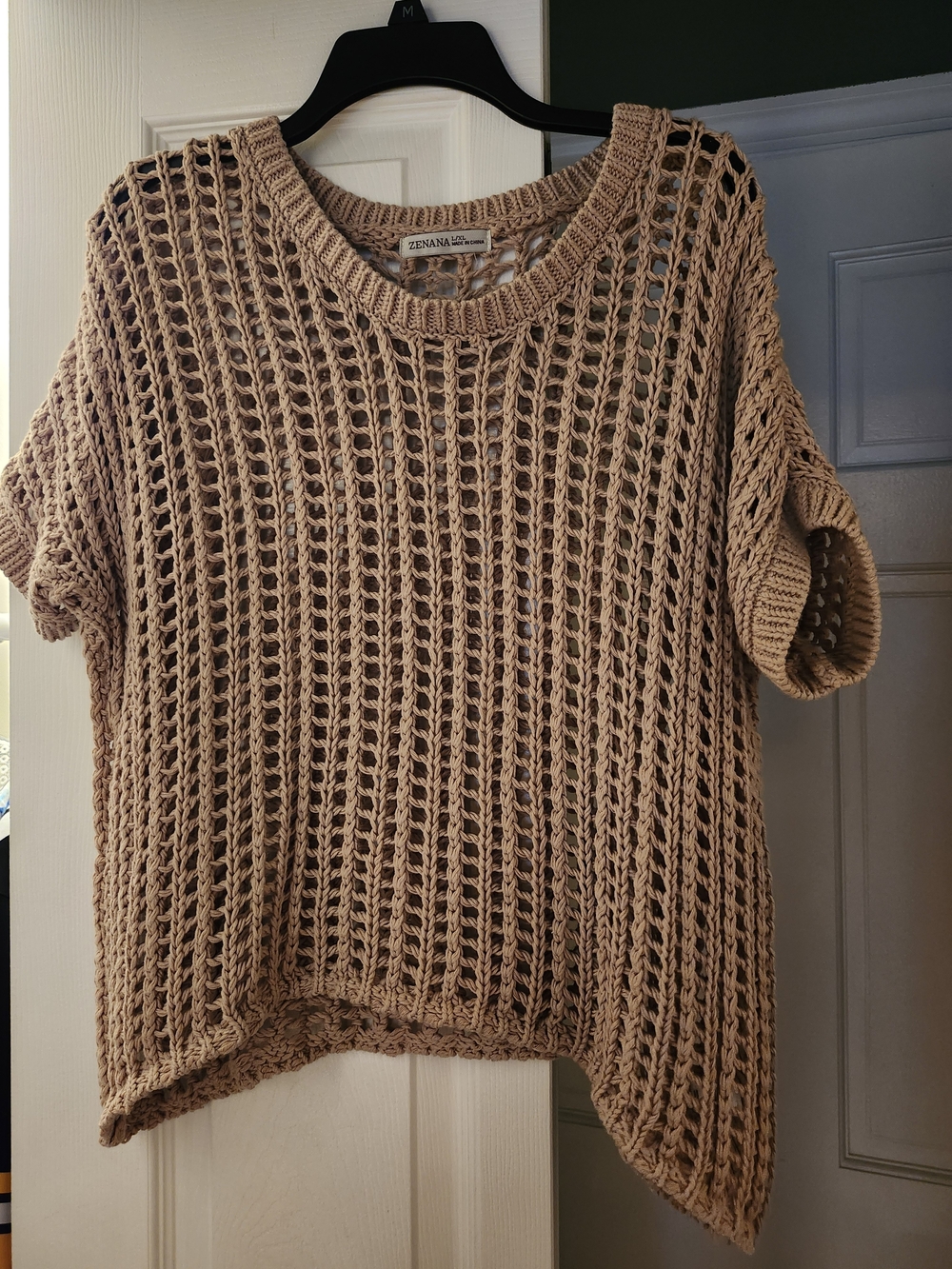 Zenana Outfitters Open-Weave Crochet Short-Sleeve Sweater in Tan
